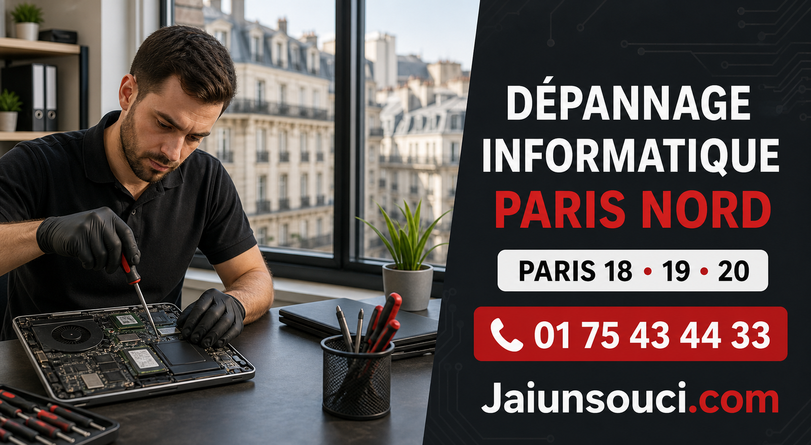 IT repair technician in a black polo repairing a laptop at a desk; window view and tools nearby, with a right-side advertisement banner for dépannage informatique Paris Nord.