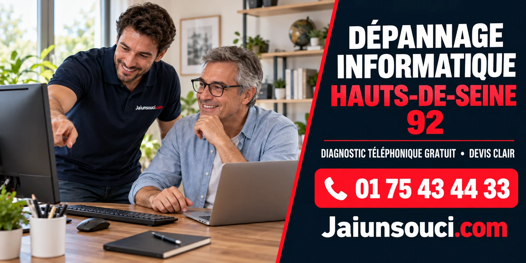 Dépannage informatique Hauts-de-Seine 92 : illustration d’un technicien accompagnant un utilisateur sur ordinateur