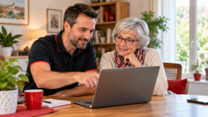 Technicien informatique accompagnant une cliente senior devant un ordinateur portable